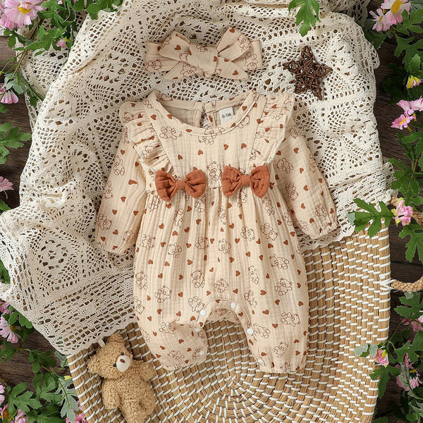 Macacão Floral Bebê Menina com Laços e Faixa – Tecido Musselina de Algodão