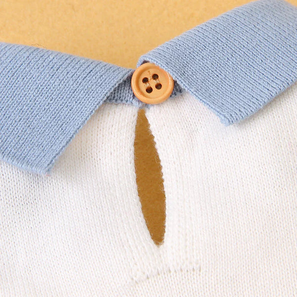 Macacão Bebê Estilo Marinheiro Tricot Azul e Branco com Âncora