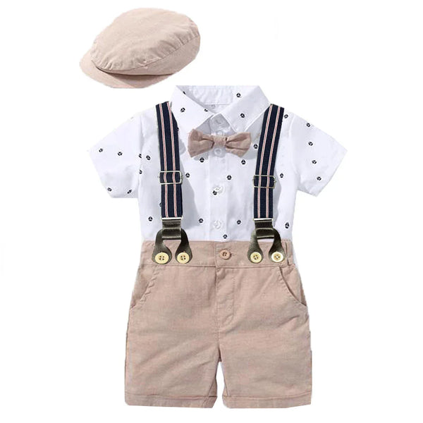 Kit Roupinha Social Bebê Menino Verão – Camisa, Suspensório, Shorts e Boina