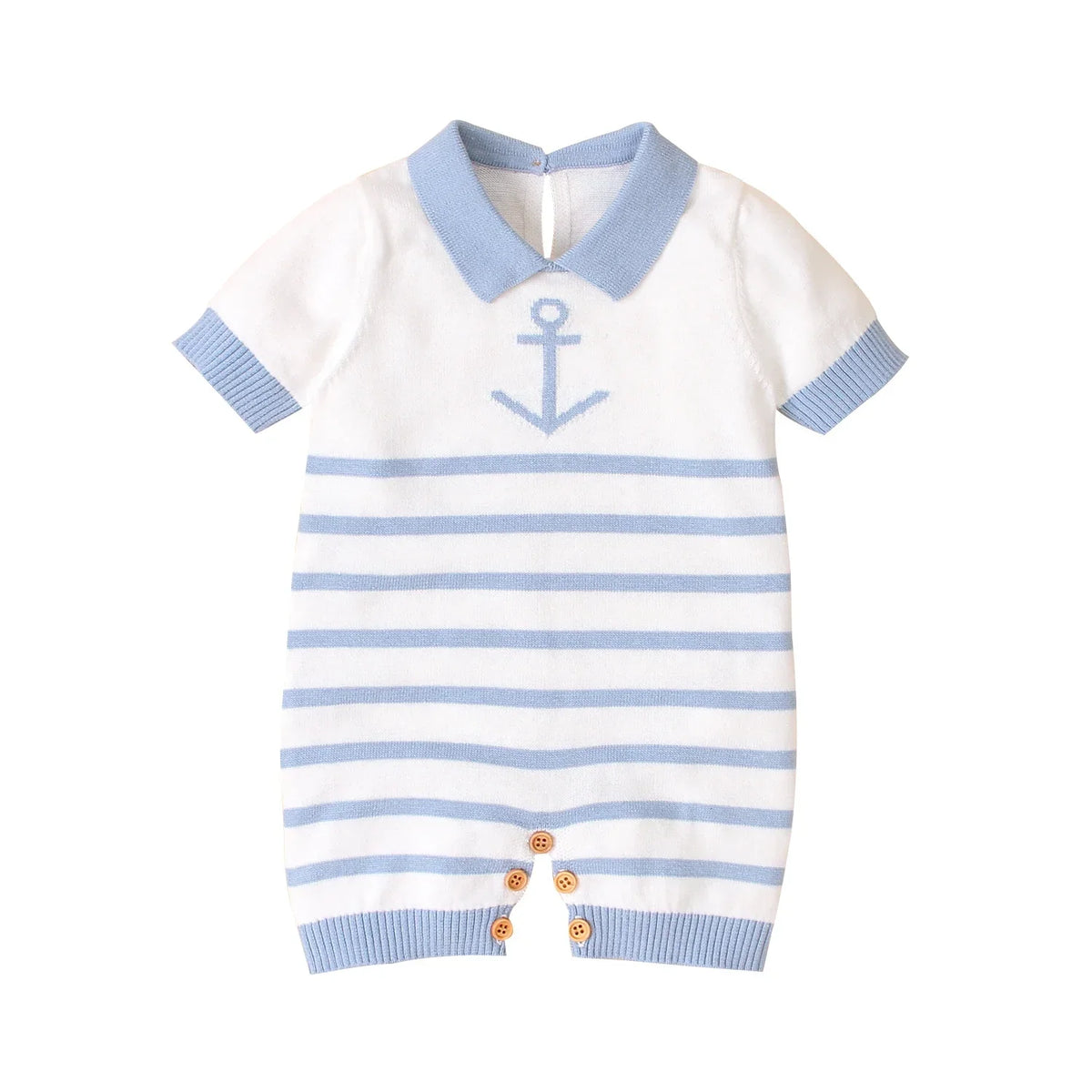 Macacão Bebê Estilo Marinheiro Tricot Azul e Branco com Âncora