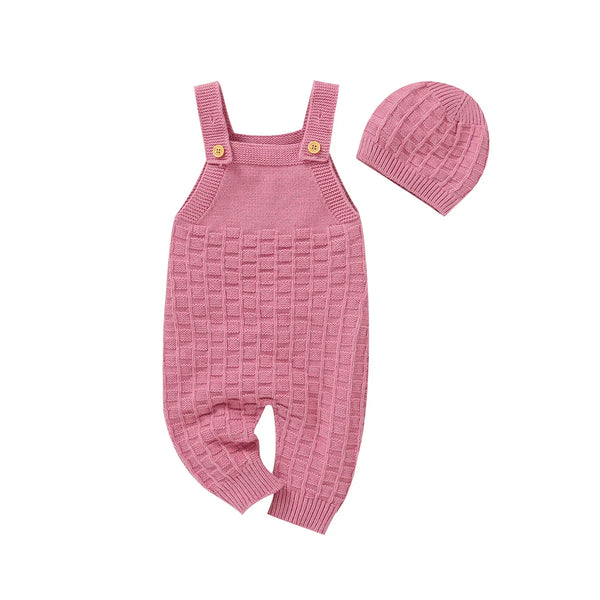 Macacão Jardineira Tricô Rosa com Touca Bebê Menina