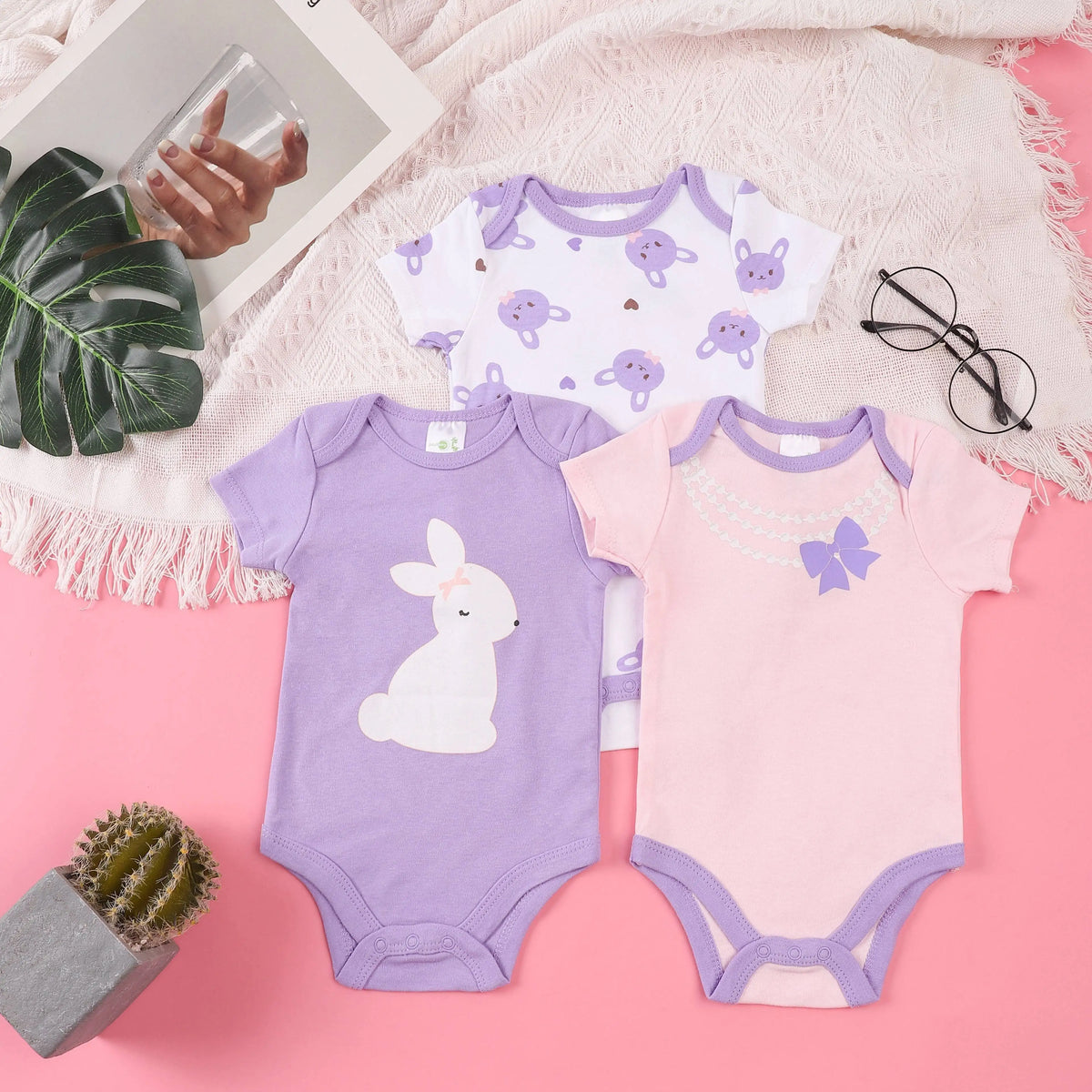 Kit 3 Bodies Bebê Menina Estampas Manga Curta