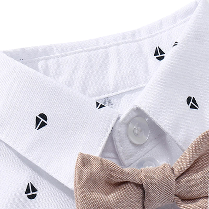 Kit Roupinha Social Bebê Menino Verão – Camisa, Suspensório, Shorts e Boina