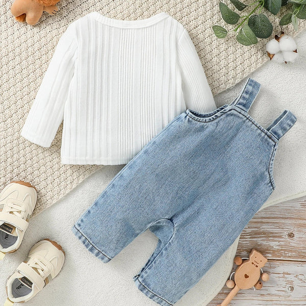 Conjunto Bebê Macacão Jeans Com Blusa Canelada