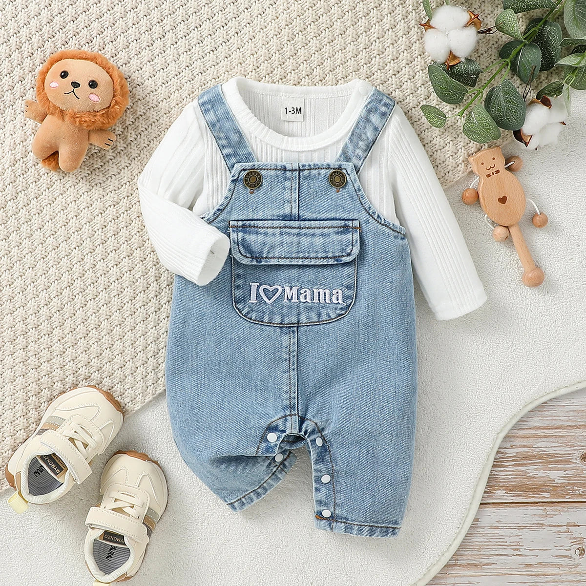 Conjunto Bebê Macacão Jeans Com Blusa Canelada