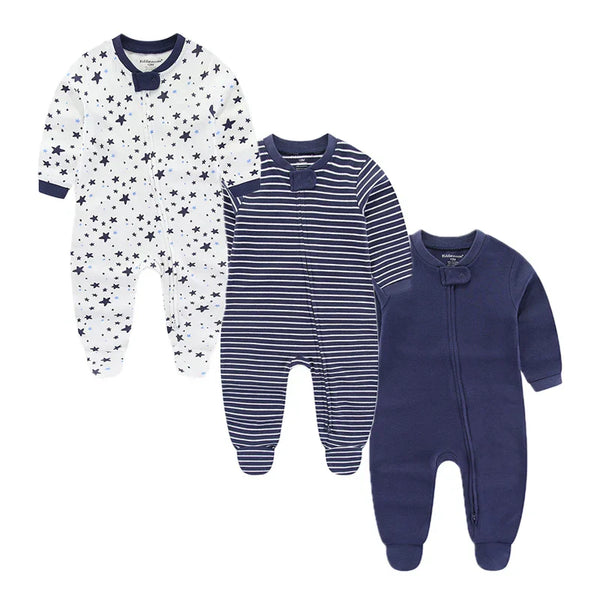 Kit 3 Macacões Bebê com Zíper Manga Longa em Algodão