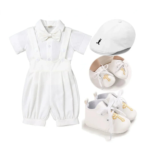 Kit Roupa de Batizado Bebê Menino Branco – Social com Boina e Sapatinho