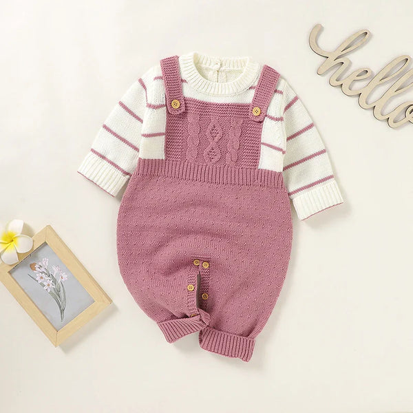 Macacão Tricot com Blusa Listrada Bebê Menina