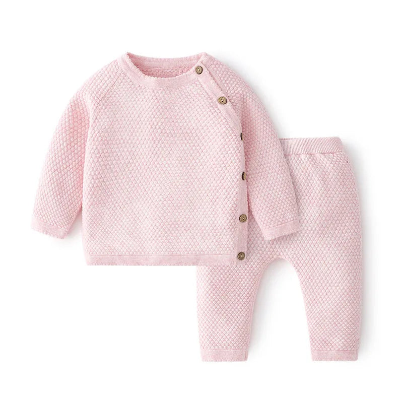 Conjunto Tricô Bebê Unissex Blusa com Botões Laterais + Calça