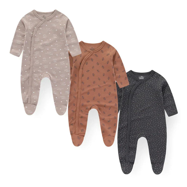 Kit 3 Macacões Bebê Algodão com Pé Estampado – Manga Longa e Abertura Lateral