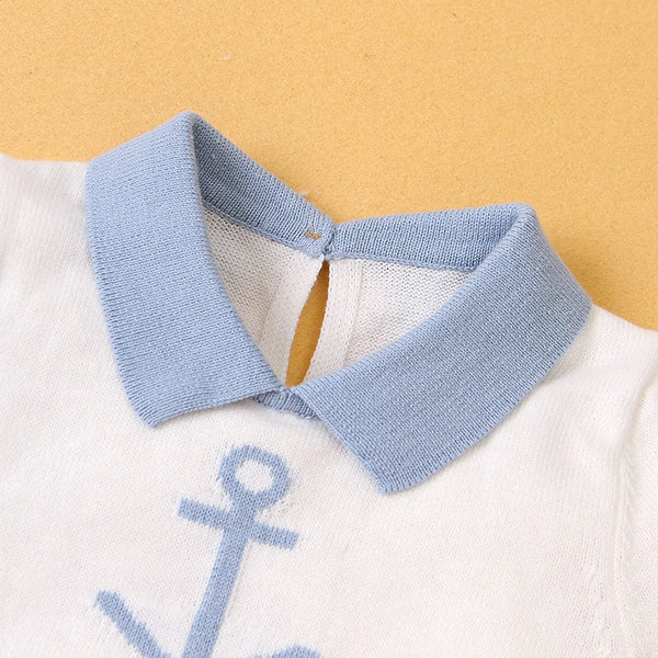 Macacão Bebê Estilo Marinheiro Tricot Azul e Branco com Âncora