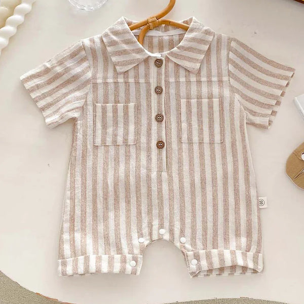 Macacão Camisaria Listrado para Bebê  Com Gola e Bolsos