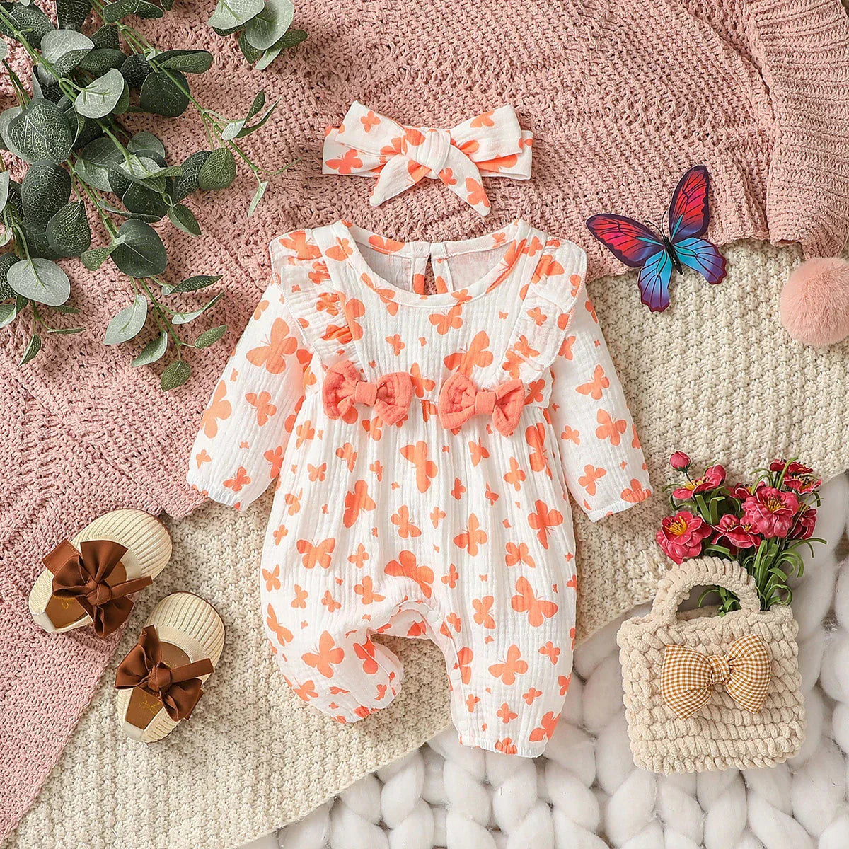 Macacão Floral Bebê Menina com Laços e Faixa – Tecido Musselina de Algodão