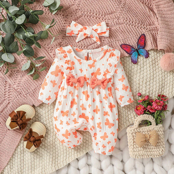 Macacão Floral Bebê Menina com Laços e Faixa – Tecido Musselina de Algodão