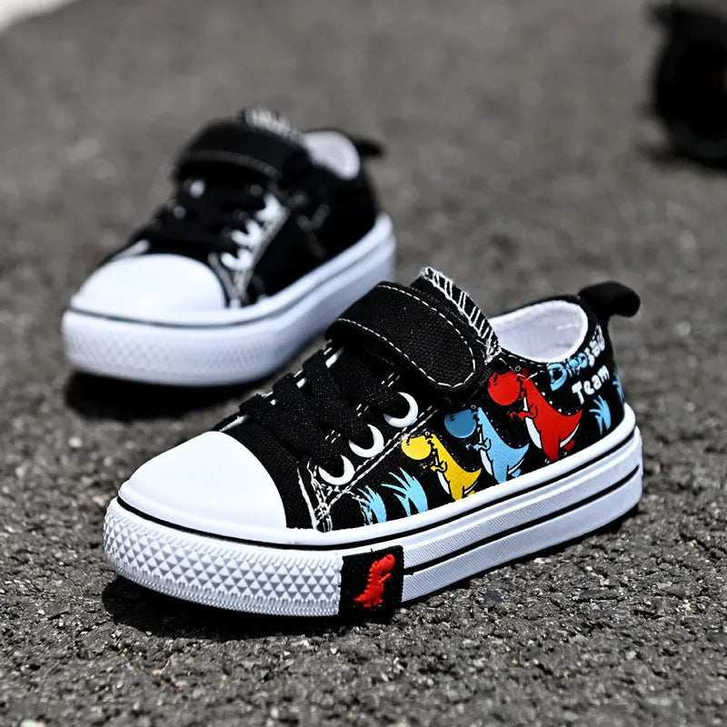 Tênis Infantil Estampado de Dinossauro – Casual com Velcro e Cadarço Elástico
