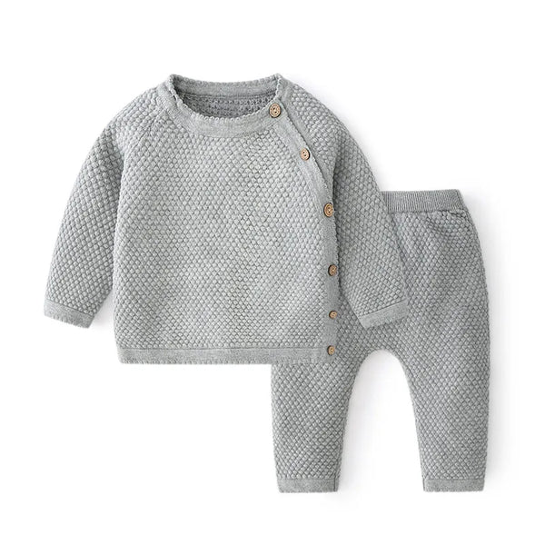 Conjunto Tricô Bebê Unissex Blusa com Botões Laterais + Calça
