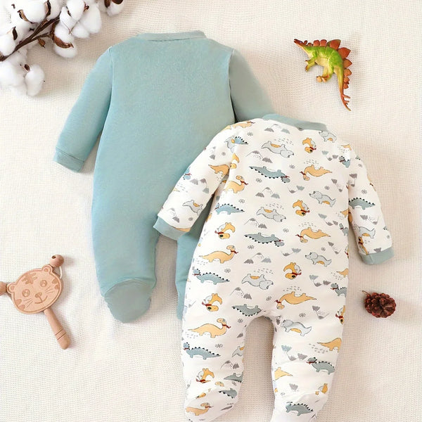 Kit 2 Macacões Bebê com Zíper Frontal – Manga Longa, Pé Fechado em Algodão