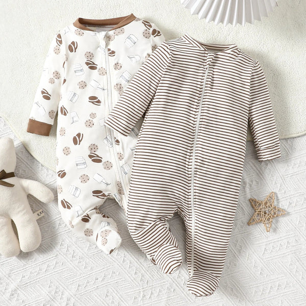 Kit 2 Macacões Bebê com Zíper – Pijama Longo com Pé Fechado