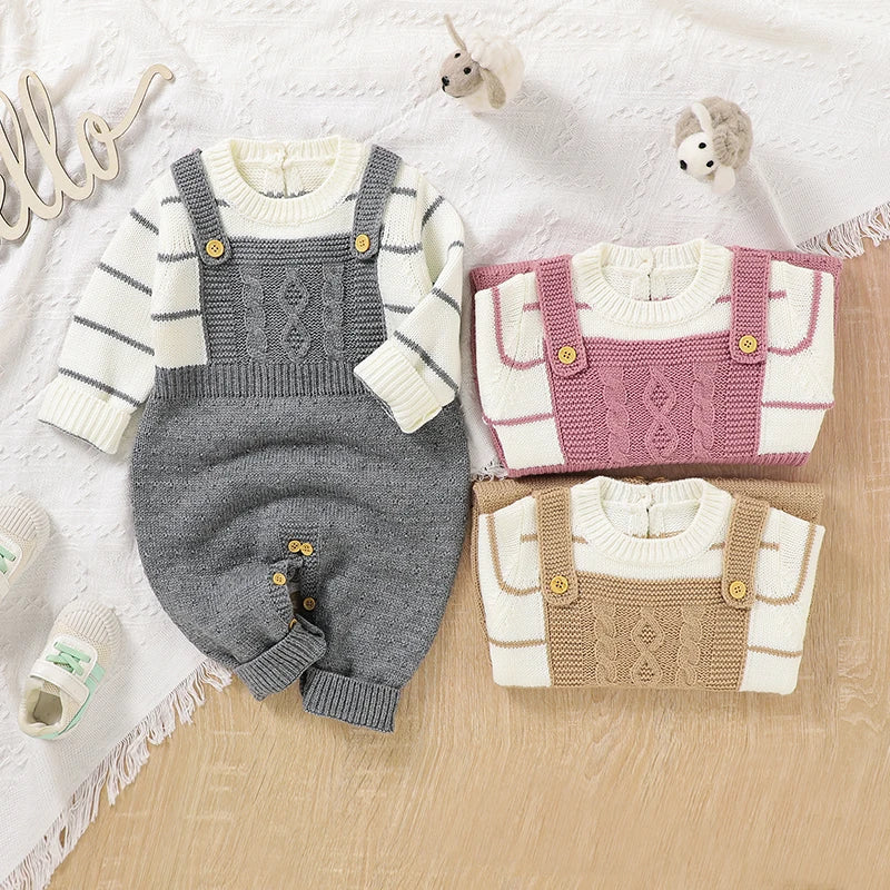 Macacão Tricot com Blusa Listrada Bebê Menina