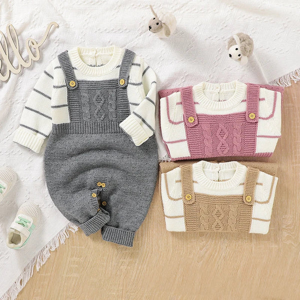 Macacão Tricot com Blusa Listrada Bebê Menina