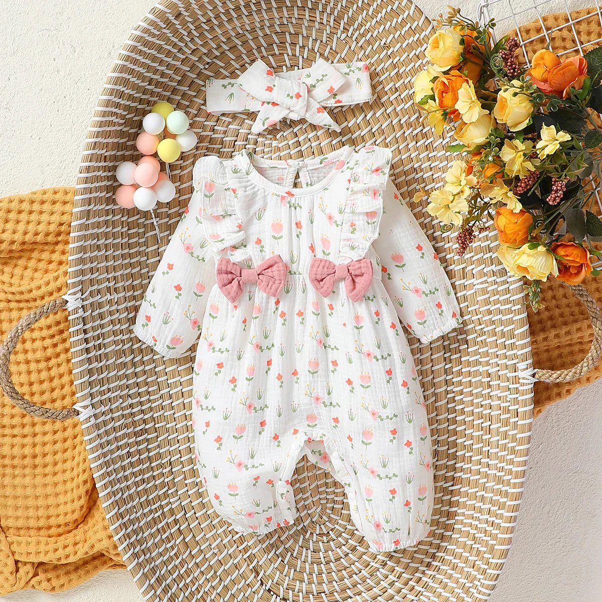 Macacão Floral Bebê Menina com Laços e Faixa – Tecido Musselina de Algodão