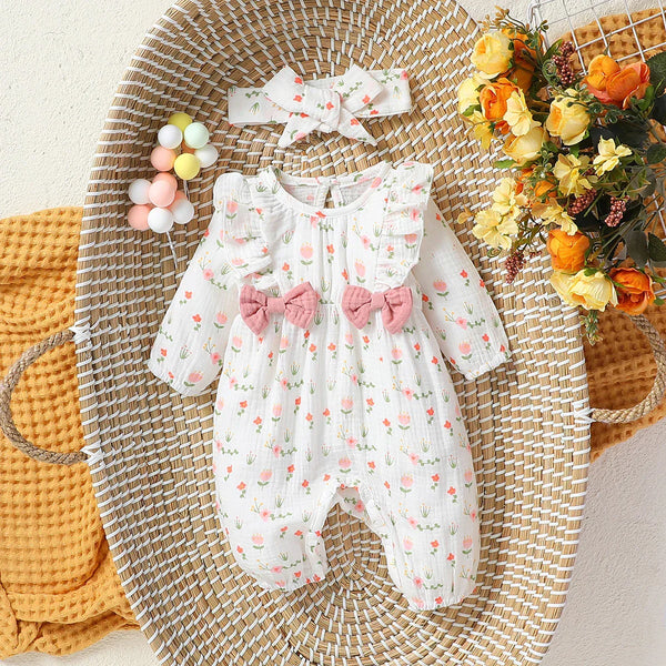 Macacão Floral Bebê Menina com Laços e Faixa – Tecido Musselina de Algodão