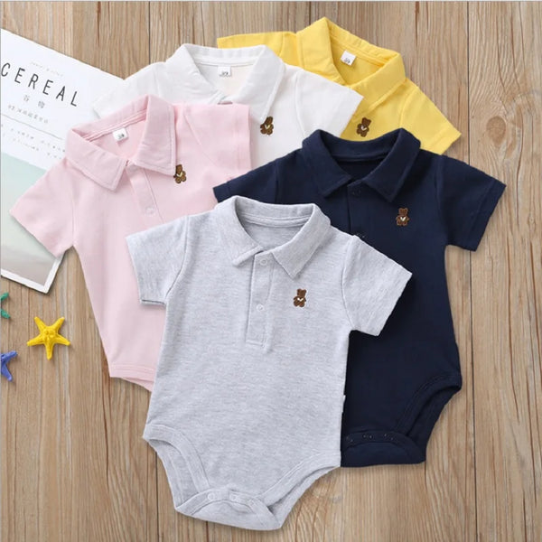 Kit 5 Bodies Polo Bebê Com Gola e Ursinho Unissex